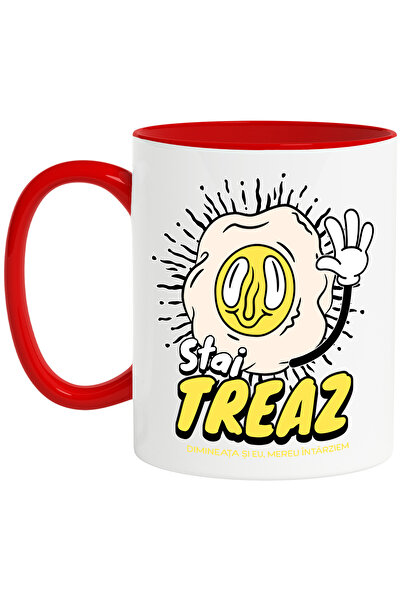 StoryGift Romania Cana mic dejun de dimineata text stai treaz , 330ml, Ceramic cu Maner Rosu, Cu Maner Rosu