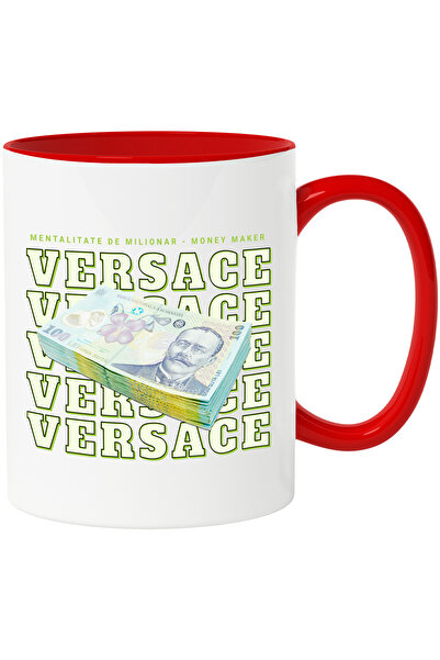 StoryGift Romania Cana __Versace_ - 100 Lei Romanesti, 330ml, Ceramic cu Maner Rosu, Cu Maner Rosu