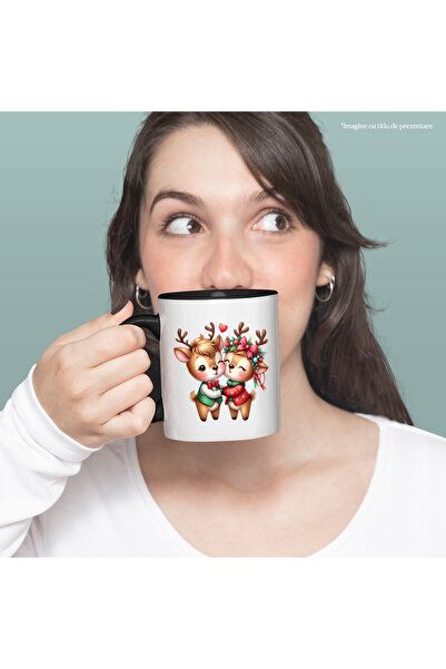 StoryGift Romania Cana cu 2 reni, ilustratie, prietenie, apropiere, funda, afectiune, Valentine's , Cu Maner Negru