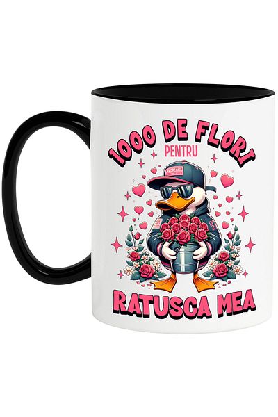 StoryGift Romania Cana cu Ratusca Alba Cu Buchet de Trandfiri Text Haios 1000 De Flori Pentru Ratu, Cu Maner Negru