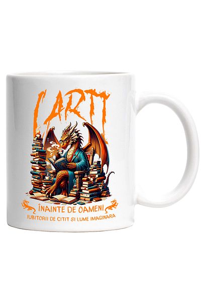 StoryGift Romania Cana dragon citind, carti inainte de oameni, 330ml, Ceramic cu Maner Alb, Cu Maner Alb