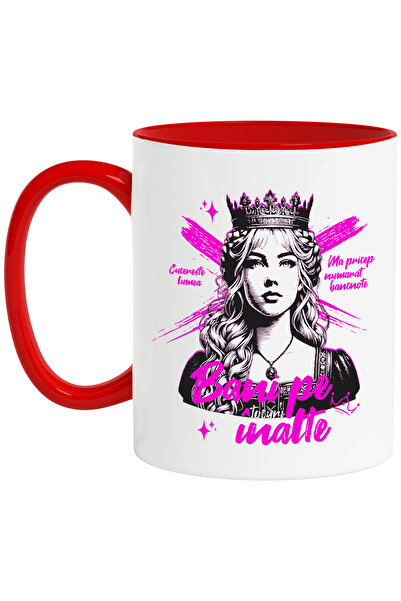 StoryGift Romania Cana fata regina, bani pe tocuri inalte, 330ml, Ceramic cu Maner Rosu, Cu Maner Rosu