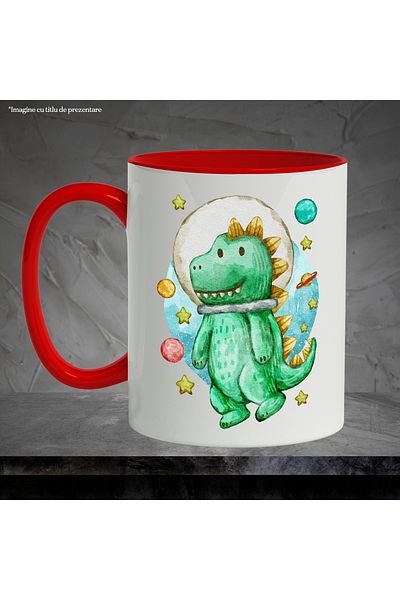 StoryGift Romania Cana Cu Dinozaur, Astronaut, Spatiu, Planete, Multicolor 330 ml, Ceramica cu Man, Cu Maner Rosu
