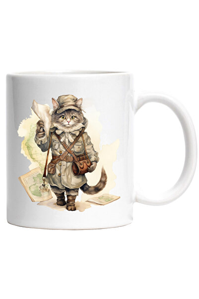 StoryGift Romania Cana cu o pisica in uniforma | ilustratie | comandant | expeditie | mapa | harta, Cu Maner Alb