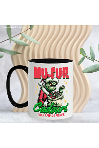 StoryGift Romania Cana cu Grinch In Costum De Mos Craciun Sac De Cadouri Text Doar Arunc O Privire, Cu Maner Negru