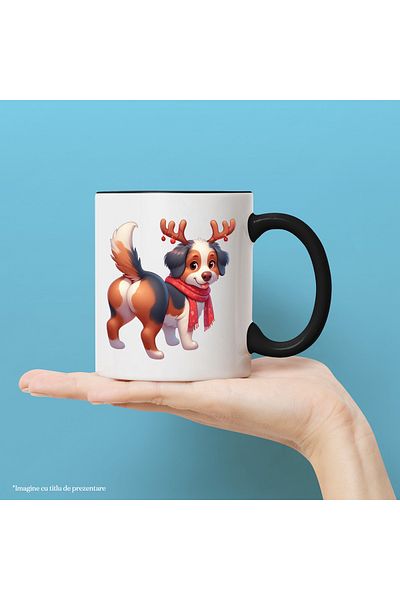 StoryGift Romania Mug with a cheerful puppy wearing reindeer antlers | illustration | scarf | winter | , With Black Handle