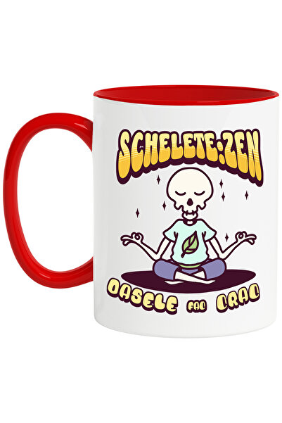 StoryGift Romania Cana schelete zen oase se rup, yoga, relaxare, 330ml, Ceramic cu Maner Rosu, Cu Maner Rosu