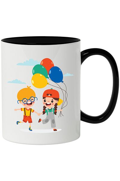 StoryGift Romania Cana Cu Baloane, Nori, Copii, Ochelari, Salopeta, Sapca, Multicolor 330 ml, Cera, Cu Maner Negru