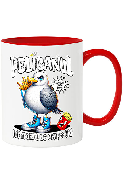 StoryGift Romania Cana Pelican iubitor de chips-uri furios haios, 330ml, Ceramic cu Maner Rosu, Cu Maner Rosu