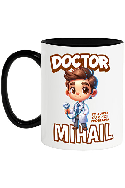 StoryGift Romania Cana cu Barbat Cu Halat Super Erou Doctor Text Mihail Te Ajut Cu Orice Sanatate , Cu Maner Negru