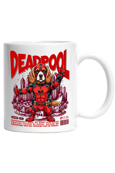 StoryGift Romania Cana cu Cocker Spaniel / Cocker Spaniel Caine In Costum de DeadPool cu Pelerina,, Cu Maner Alb