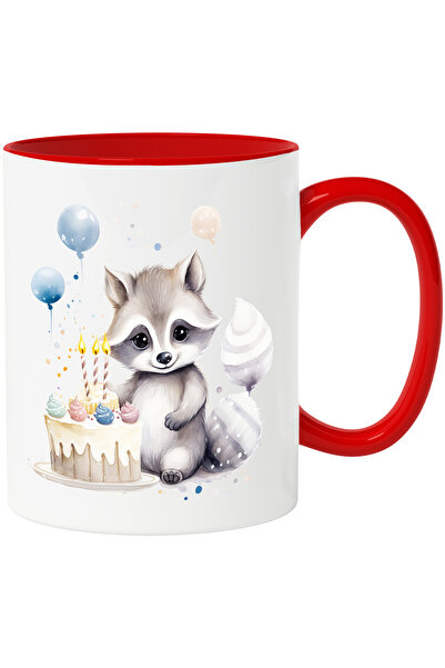 StoryGift Romania Cana cu un pui de raton vesel | ilustratie | aniversare | tort | lumanari aprins, Cu Maner Rosu