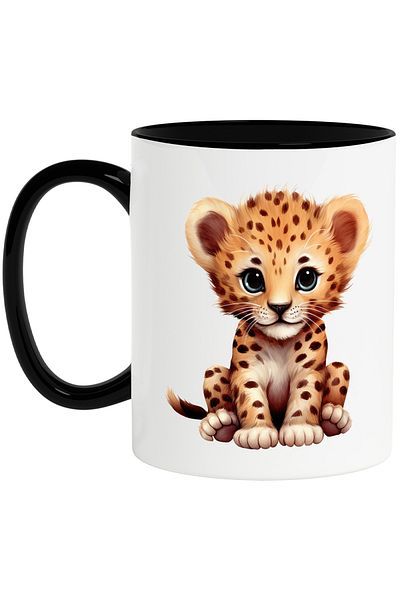 StoryGift Romania Mug with a cheerful tiger cub | illustration | happy | playful | childhood | care, With Black Handle