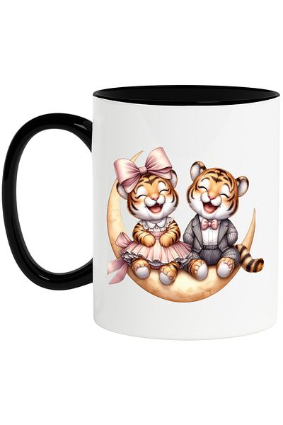 StoryGift Romania Mug with 2 laughing tigers, illustration, having fun, friendship, affection, crescent moon, , With ,STG