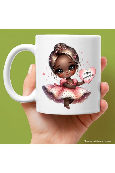 StoryGift Romania Cana cu o fetita dragalasa | ilustratie | rochita | roz | coronita | inimioara c, Cu Maner Alb