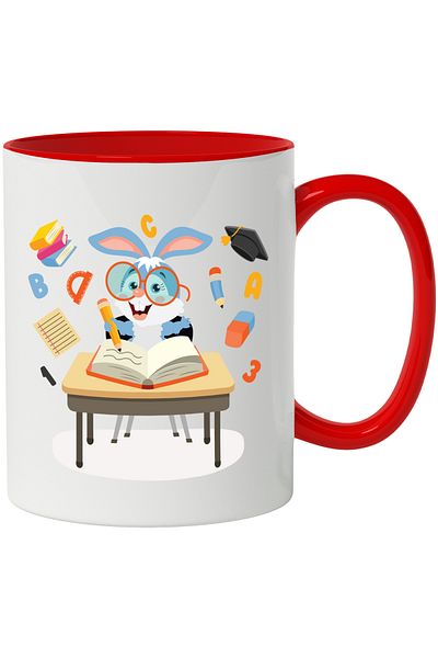 StoryGift Romania Cana Cu Iepure, Ochelari, Banca, Carte, Creion, Echer, Guma De Sters, Cifre, Mul, Cu Maner Rosu