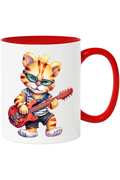 StoryGift Romania Cana cu un pui de tigru care canta la chitara | ilustratie | ochelari | talent |, Cu Maner Rosu