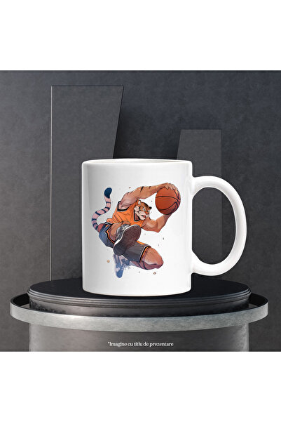 StoryGift Romania Cana cu un tigru care joaca baschet | ilustratie | sport | pasiune | meci | tale, Cu Maner Alb