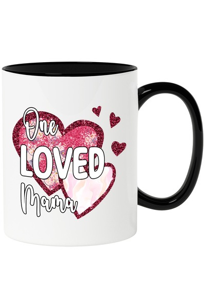StoryGift Romania Cana cu mesajul "One Loved Mama", ilustratie, mama, iubita, inimioare, afectiune, Cu Maner Negru