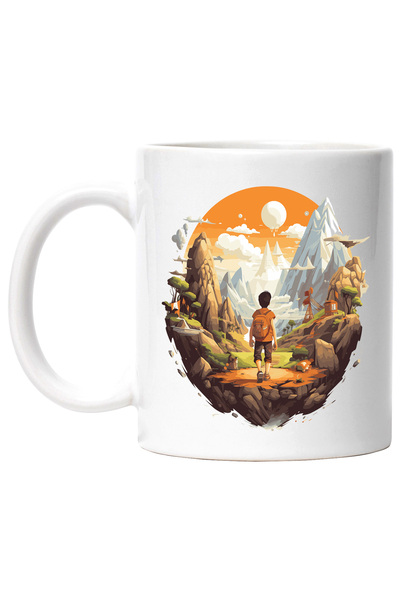 StoryGift Romania Cana cu un baiat care calatoreste, ilustratie, peripetii, munti, natura, verdeat, Cu Maner Alb