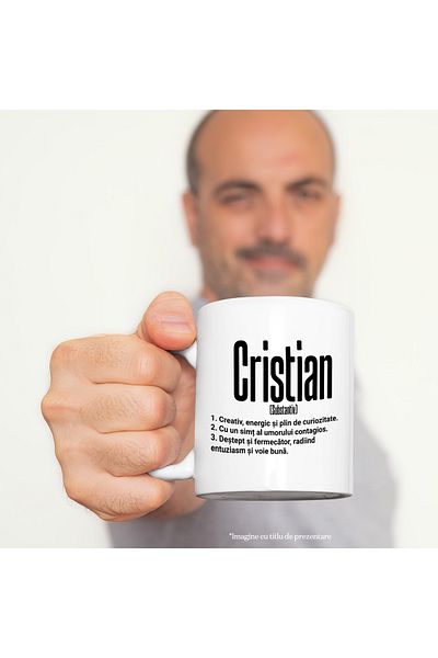 StoryGift Romania Cana Cu Numele Cristian, Cu Mesaj Motivational, Creativ, Energic, Curios, Destep, Cu Maner Alb Stg