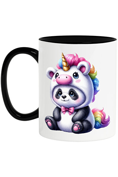 StoryGift Romania Cana cu un urs panda in costum de unicorn, ilustratie, vesel, bucuros, jucaus, p, Cu Maner Negru