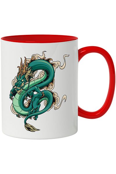 StoryGift Romania Cana Cu Dragon, Fum, Nor, Asiatic, Multicolor 330 ml, Ceramica cu Maner Rosu, Cu Maner Rosu