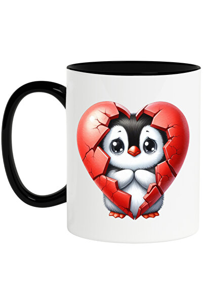StoryGift Romania Cana cu un pinguin trist, ilustratie, inima rupta, franta, sparta, suparare, dez, Cu Maner Negru