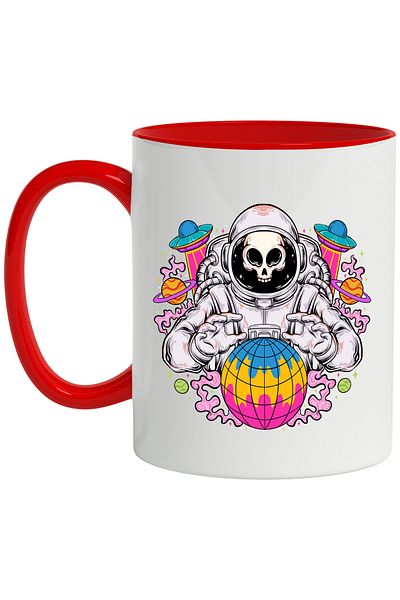 StoryGift Romania Cana Cu Astronaut, Spatiu, Craniu, Nava, Multicolor 330 ml, Ceramica cu Maner Ro, Cu Maner Rosu