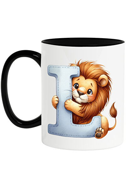 StoryGift Romania Cana cu un leu cu litera "L", ilustratie, pentru copii, scoala, elev, alfabet, a, Cu Maner Negru