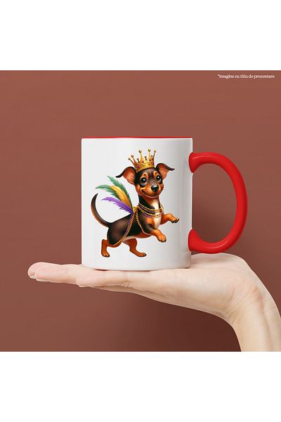 StoryGift Romania Cana cu un catel Dachshund, ilustratie, vesel, danseaza, acrobatii, circ, pene, , Cu Maner Rosu