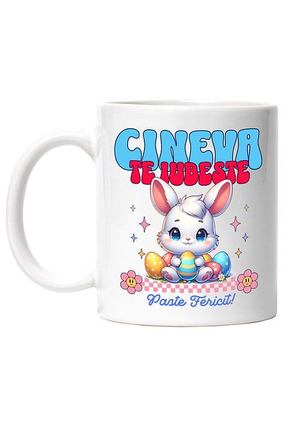 StoryGift Romania Cana cu Iepure Alb Cu Ochii Albastru oua Colorate Text Cineva Te Iubeste Paste F, Cu Maner Alb
