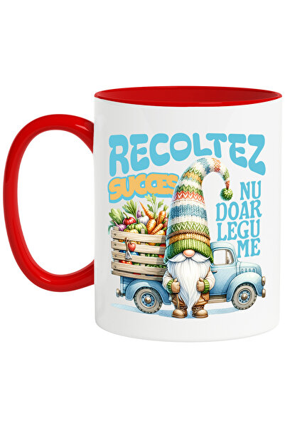 StoryGift Romania Cana Pitic Cu Barba Si Caciula Recoltez succes, nu doar legume, 330ml, Ceramic c, Cu Maner Rosu