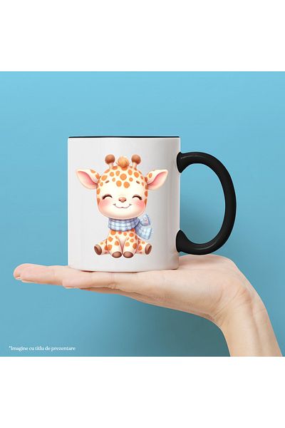 StoryGift Romania Mug with a cheerful giraffe | illustration | scarf | blushing | little one | be good, With Black Handle