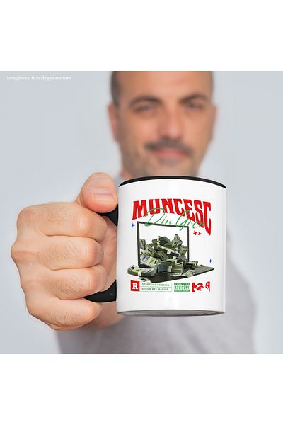 StoryGift Romania Cana Muncesc din Greu pe Laptop - Teanc de Bani Romanesti de 500 Lei , 330ml, Ce, Cu Maner Negru