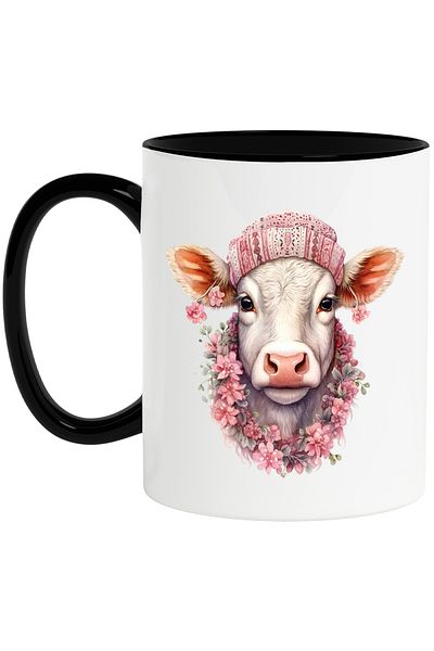 StoryGift Romania Cana cu o vacuta cu caciula | ilustratie | lantisor din floricele | natura | fer, Cu Maner Negru
