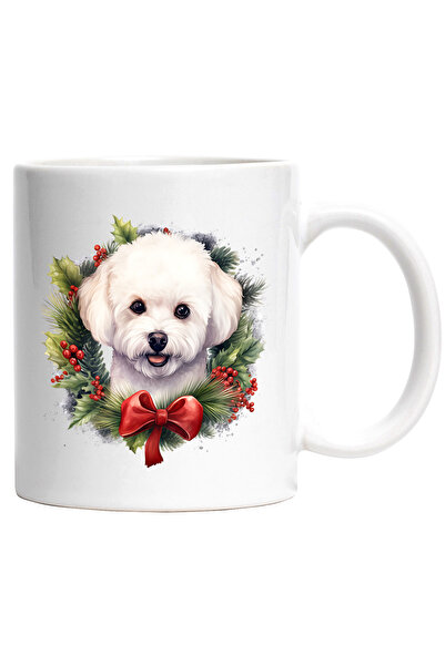 StoryGift Romania Cana cu un catel alb vesel | ilustratie | blanos | vasc | frunze | brad | iarna , Cu Maner Alb