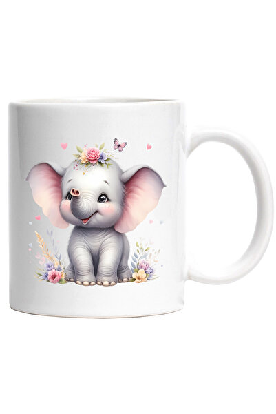 StoryGift Romania Cana cu un pui de elefant care se joaca vesel | ilustratie | flori | inimioare |, Cu Maner Alb