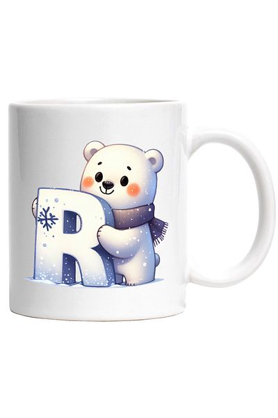 StoryGift Romania Mug with a polar bear holding the letter "R" | illustration | scarf | cold | Pole No, With White Handle