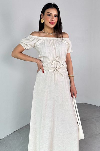 Cappmoda ELB-25212 Φόρεμα με μανίκια από μπαλόνι σε χρώμα πέτρας με λεπτομέρεια από καουτσούκ
