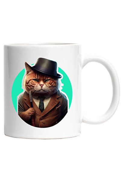 StoryGift Romania Cana Cu Pisica, Palarie, Baston, Jacheta, Multicolor 330 ml, Ceramica cu Maner A, Cu Maner Alb