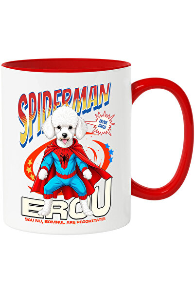 StoryGift Romania Cana cu Pudel / Poodle Caine In Costum de SpiderMan cu Pelerina, Erou Nocturn, D, Cu Maner Rosu