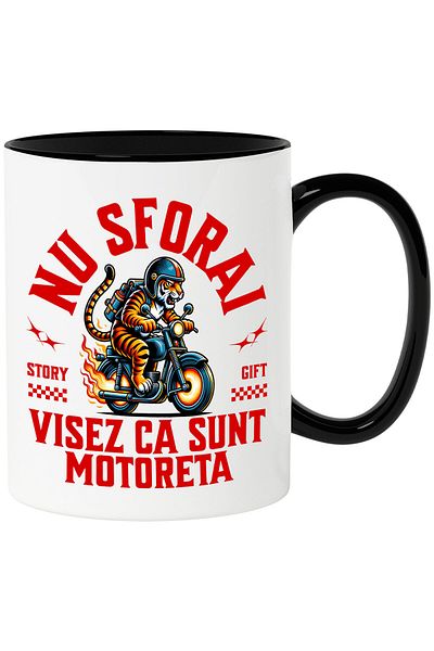 StoryGift Romania Mug with Angry Tiger with Helmet Angry Motor Windshield Cartoon Steps, with Black Handle