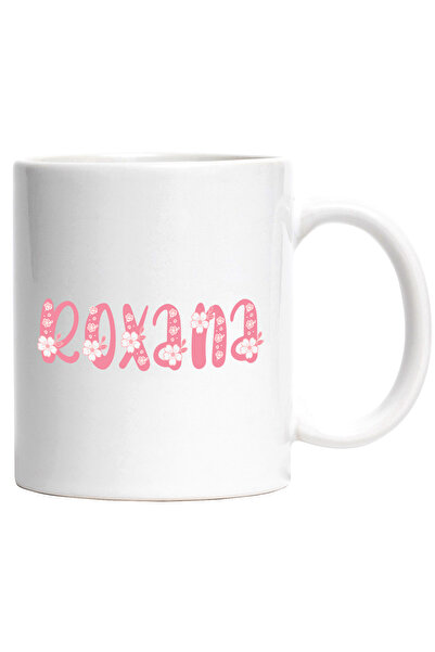 StoryGift Romania Cana Cu Numele Roxana, Flori, Colorat, Roz, Dragut, 330ml, Ceramic cu Maner Alb, Cu Maner Alb