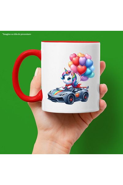 StoryGift Romania Mug with a unicorn driving a Lamborghini | illustration | lots of balloons, With ,STG