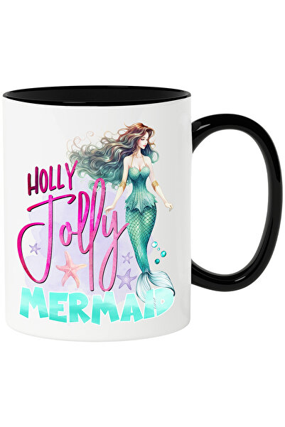 StoryGift Romania Cana cu sirena cu mesajul "Holly jolly mermaid", basm, ilustratie, fericita, buc, Cu Maner Negru