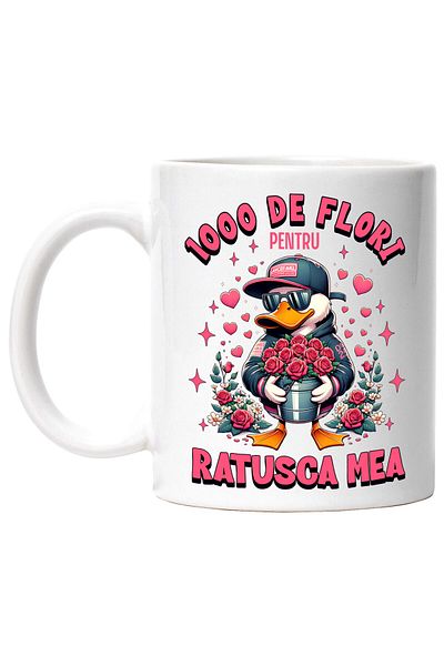 StoryGift Romania Cana cu Ratusca Alba Cu Buchet de Trandfiri Text Haios 1000 De Flori Pentru Ratu, Cu Maner Alb