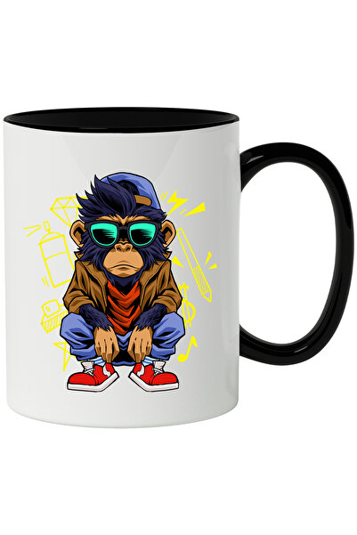 StoryGift Romania Cana Cu Maimuta, Sapca, Ochelari, Tenesi, Multicolor 330 ml, Ceramica cu Maner N, Cu Maner Negru