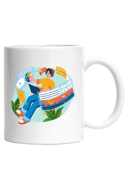 StoryGift Romania Cana Cu Casti, Laptop, Ecran, Plante, Controller, Jocuri, Videocliouri, Multicol, Cu Maner Alb
