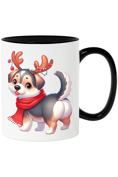 StoryGift Romania Mug with a puppy that has reindeer antlers | illustration | scarf | cold | winter, With Black Handle
